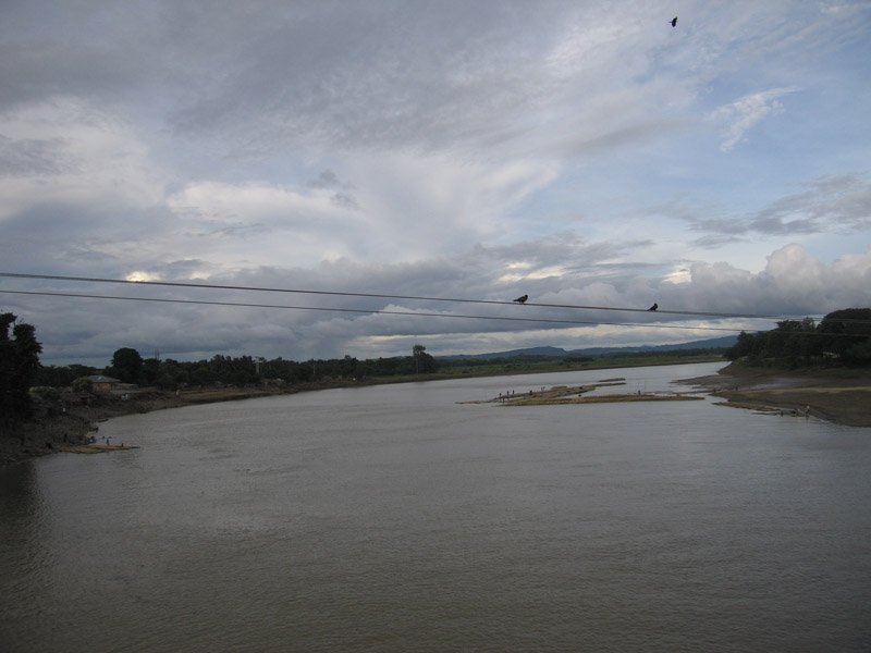 rafts of bamboo floating down the river at dusk
