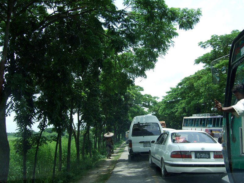 stuck in a traffic jam on the highway
