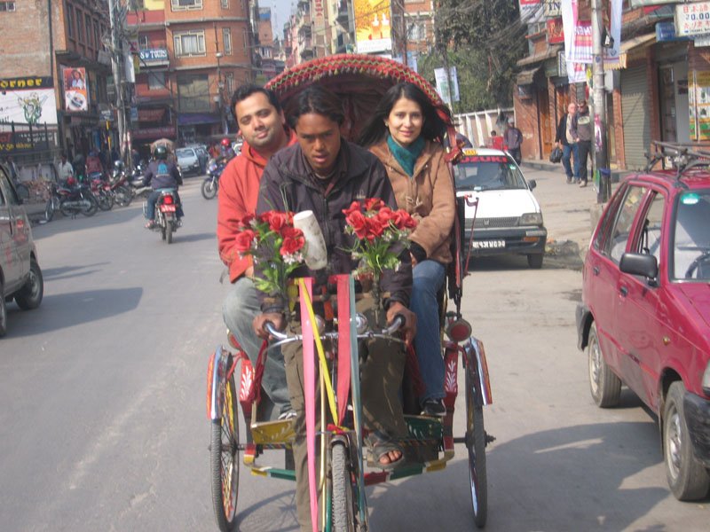 brother & sister-in-law enjoying a rickshaw ride (actually, we got lost in the narrow winding streets trying to get to the Garden of Dreams, and so we ended up taking riskshaws only to discover it was 3 minutes walk from our hotel)

