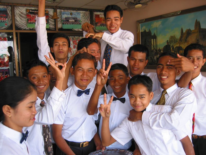 this was a super happy bunch! they were quite amusing too.  and the food was so incredibly tasty (we can't ever forget their beef lok lak).  that was my first time eating traditional cambodian food
