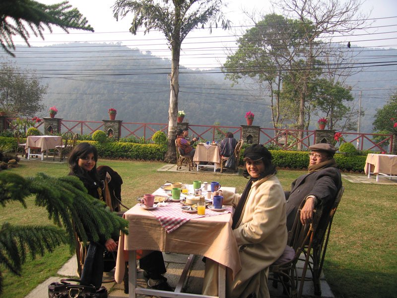 breakfast in the garden of our hotel by lake phewa
