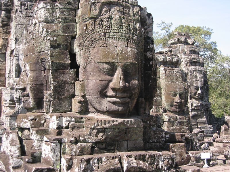 one of the massive stone faces at the Bayon.  there are hundreds of these stone heads there
