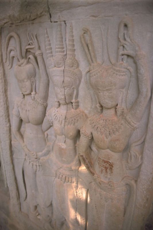 carvings of the Apsaras, the celestial dancers, at Angkor Wat.  check out the hairstyles
