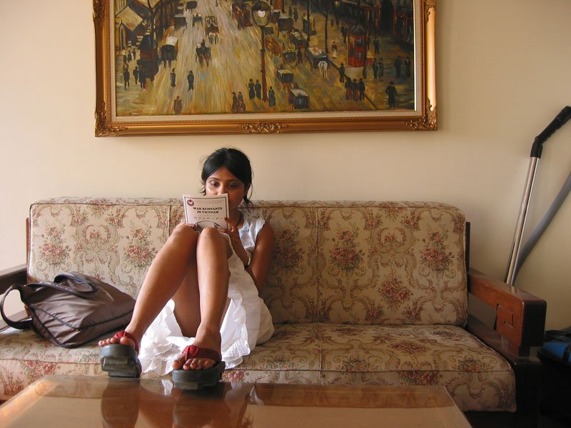 something happened to our card key and we were locked out of our hotel room. waiting to be rescued in the lounge area on our floor
